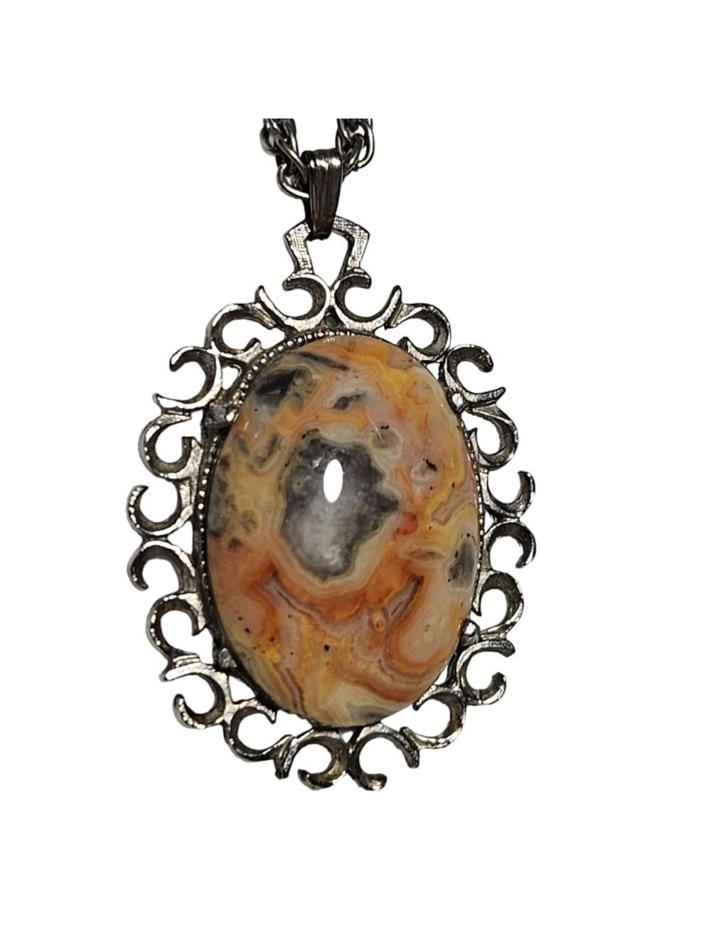 Vintage Crazy Lace Jasper Pendant Necklace Silver Tone Boho Fashion Jewelry